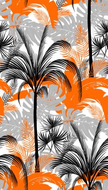 Tropikal bitkiler ve gri yapraklı palmiye ağaçlarının siluetleriyle kusursuz desen.