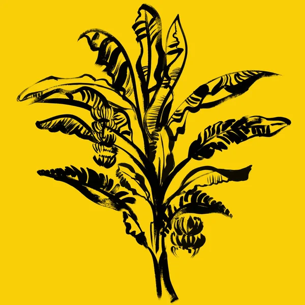 Uma palmeira com bananas crescentes em um fundo amarelo é desenhada — Fotografia de Stock