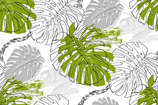 Nahtloses Tropisches Muster Stil Von Doodle Scrabble Mit Monsterblättern — Stockvektor