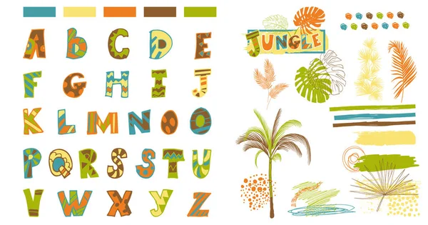 열 대 야자나무의 순진 한 문체 로인 쇄를 설계하기 위한 글꼴 과 요소들 — 스톡 벡터