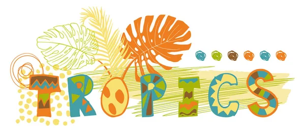 APRENDIZAGEM em inglês PRINT for fabric for children lettering tropics —  Vetores de Stock