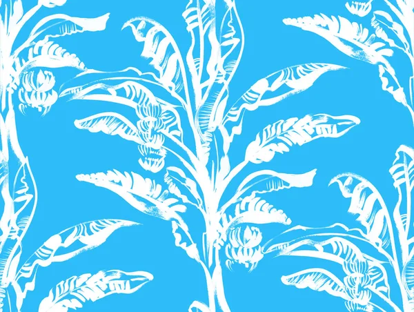 Patrón sin costuras con una palmera de plátano con hojas tropicales dibujadas con un cepillo seco — Foto de Stock