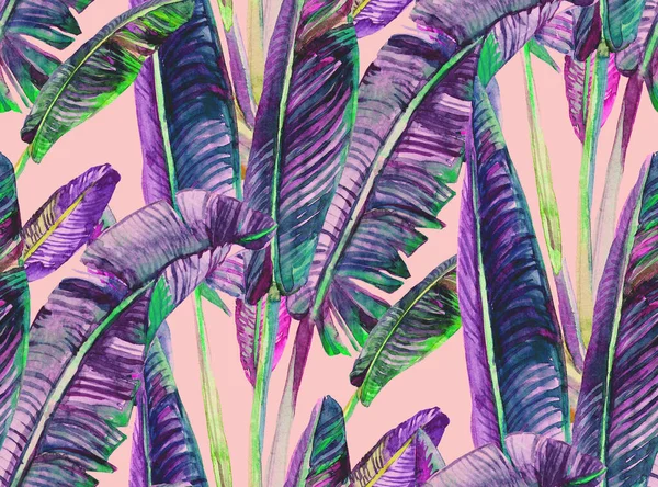 Padrão sem costura com aquarela palmas de banana em tons roxos azuis escuros — Fotografia de Stock