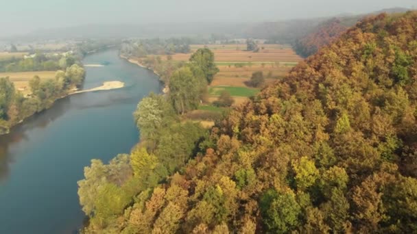 Mlhavé Ráno Břehu Řeky Podzimních Barvách — Stock video