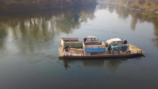 Old Manual Powered Cable Ferry Agricultural Machinery Transport River Rural — Stock Video