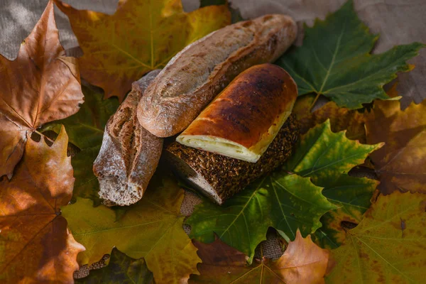 Chleb Jesiennym Tle Liści — Zdjęcie stockowe