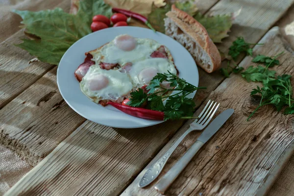 Ham Fried Eggs Plate — Stock Photo, Image