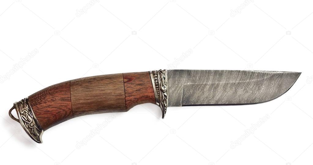 Hunting knife with wooden handle on a white background isolated