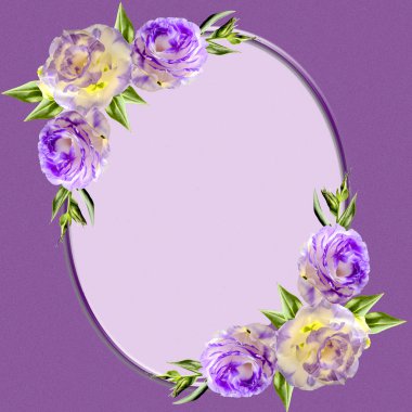 Mor eustoma çiçeklerle süslenmiş vintage oval çerçeve