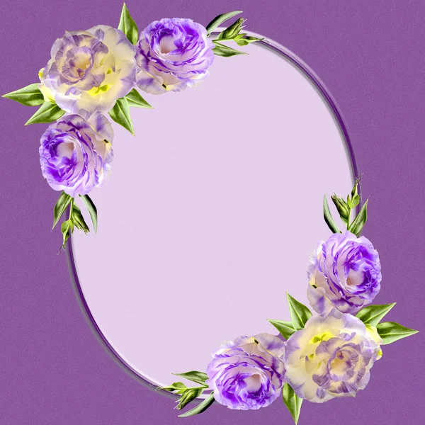 Vintage oval frame decorated with purple eustoma flowers