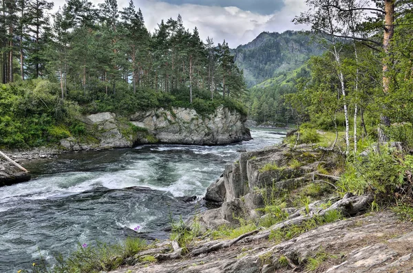 Paisagem pitoresca da montanha do verão com rio rápido entre a rocha — Fotografia de Stock