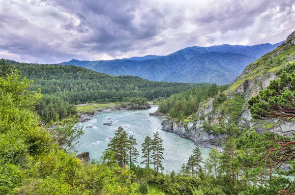 Malerische sommerliche Berglandschaft mit schnellem Fluss zwischen Felsen — Stockfoto