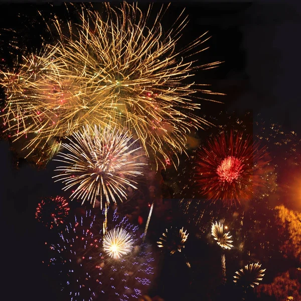 Fogos de artifício festivos coloridos no céu noturno preto — Fotografia de Stock