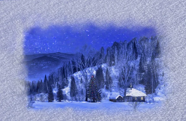 夜の冬の山の風景の中に小さな木造の家- Chris — ストック写真