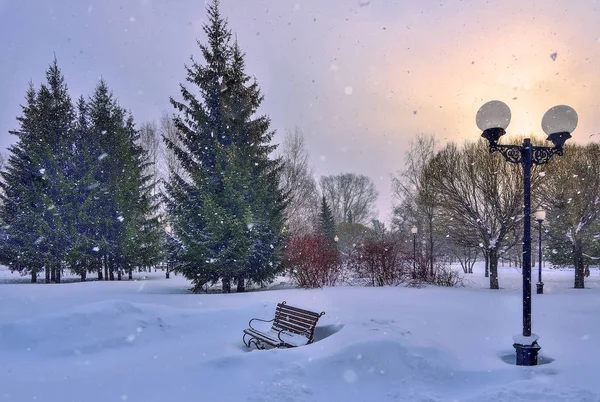 Silne opady śniegu w parku miejskim o zachodzie słońca - piękny miejski krajobraz — Zdjęcie stockowe