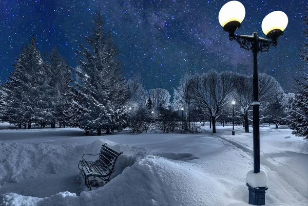 Paisaje nocturno en el parque de la ciudad de invierno a la luz de linternas — Foto de Stock