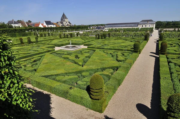 Villandry, france - juni, 2013 - garten mit schloss villandry. das Schloss der Villandry ist das letzte der großen Loire-Schlösser, die während der Renaissance im Loire-Tal erbaut wurden. — Stockfoto