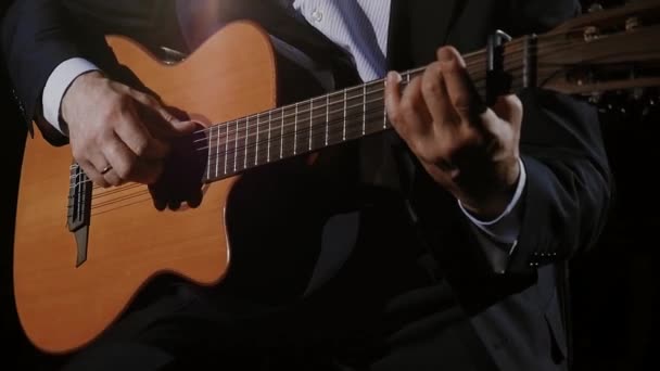 Músico Está Actuando Escenario Oscuridad Está Tocando Guitarra Acústica Concepto — Vídeos de Stock