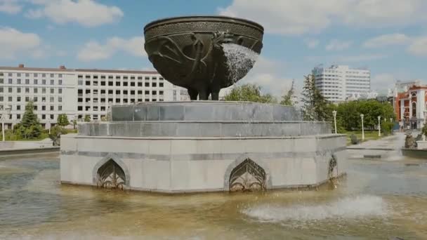 Park Der Innenstadt Steht Ein Großer Schalenförmiger Brunnen Die Wasserbäche — Stockvideo