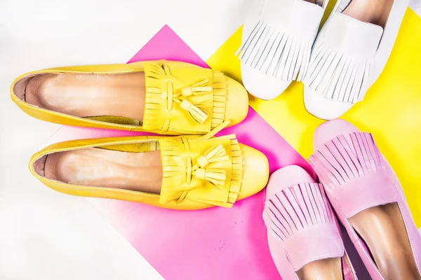 Yellow pink white moccasins, leather shoes — Stock Photo, Image