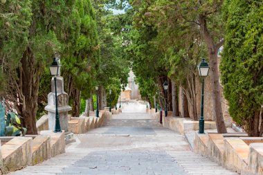 Arta, Mallorca, İspanya 'daki hac kilisesine giden ağaçların bulunduğu merdivenler.