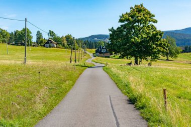 Mavi gökyüzü ile yaz dağı manzarası, bir çayırda yol - Moravian-Silesian Beskydy, Grun, Çek