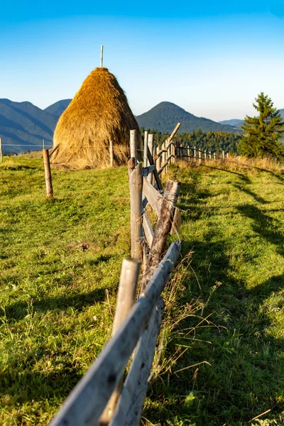 Bela paisagem montanhosa com pilhas tradicionais de feno no prado na Romênia — Fotografia de Stock