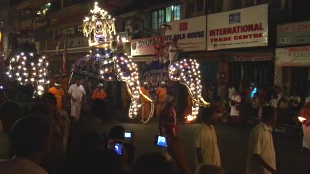 CANDY, SRI LANKA - 12 de agosto de 2017: Elefantes participan en el festival Pera Hera en Candy para celebrar el diente de Buddha, Candy, Sri Lanka, video de imágenes 4k — Vídeo de stock