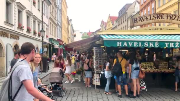 Огюст, Чехия, 15 мая 2019 года - люди и туристы на рынке Гавела в Старом городе Огюста — стоковое видео