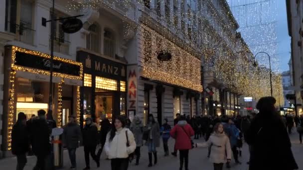 Vánoční ozdoby Nákupy Ulice zdobené lustry ve starém městě Vídeň, Rakousko, Evropa Prosinec 2018 — Stock video