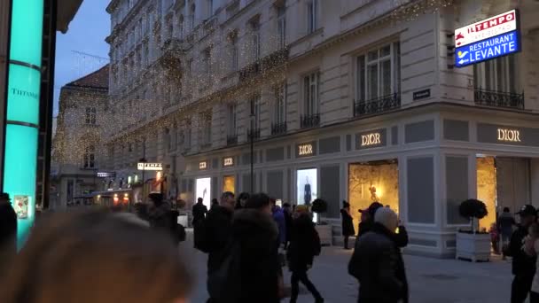 Χριστουγεννιάτικα στολίδια Αγορές Δρόμοι διακοσμημένοι με πολυελαίους στην παλιά πόλη Βιέννη, Αυστρία, Ευρώπη Δεκέμβριος 2018 — Αρχείο Βίντεο