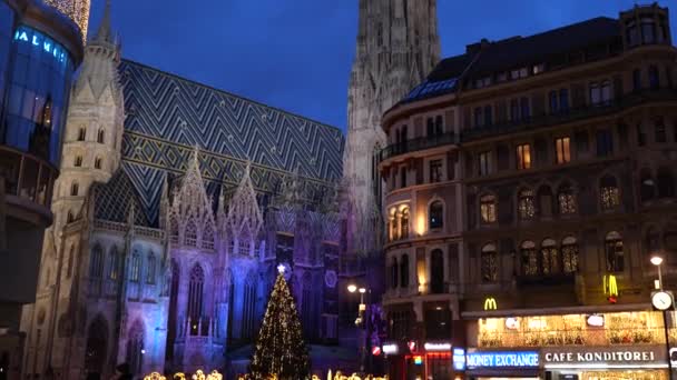 Decoraciones navideñas Tiendas Calles decoradas con lámparas de araña en el mercado del casco antiguo frente a la Catedral de San Esteban Viena, Austria, Europa Diciembre 2018 — Vídeo de stock