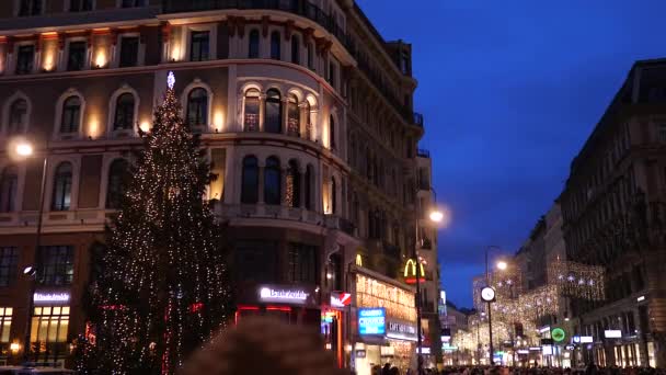 Dekoracje świąteczne Sklepy Ulice ozdobione żyrandolami w starym mieście Wiedeń, Austria, Europa grudzień 2018 — Wideo stockowe