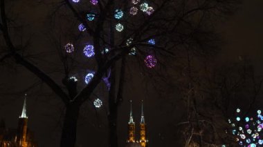Güzel kar yağışı. Wroclaw, Polonya 'da Beyaz Kış. St. John Katedrali. Noel ışıkları olan cadde