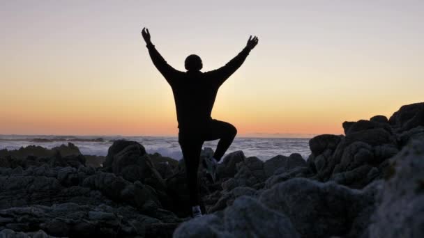 Männer Karate-Kind praktiziert Silhouette Tai Chi Karate Kung Fu am felsigen Steinhorizont bei Sonnenuntergang oder Sonnenaufgang. Kunst der Selbstverteidigung. Silhouette vor dem Hintergrund dramatischer epischer Wellen an der Pazifikküste — Stockvideo