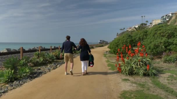 Boldog pár Élvezi a gyönyörű napot Séta kéz a kézben a tengerparton. Vonat halad Pacific surfliner Utazás Nyaralás Nyugdíjas Életmód Concept California Orange megye San clemente — Stock videók