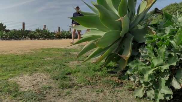 Un joven guapo, un hombre con una camisa azul marino y pantalones cortos está caminando por la costa de California en el parque de San Clemente Linda Lane. Plantas de bajo ángulo a través de verde — Vídeos de Stock