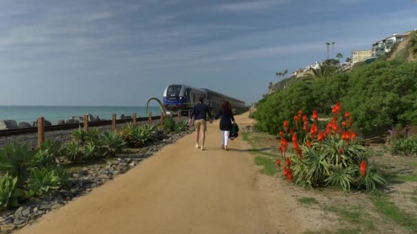 Happy Couple Enjoying Beautiful Day Walking holding hands on the Beach. Train passing Pacific surfliner Travel Vacation Retirement Lifestyle Concept California Orange county San clemente — 비디오
