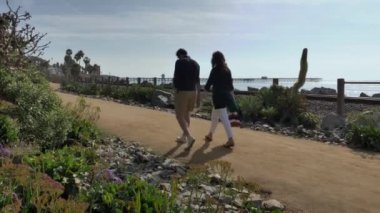 Mutlu Çiftler Güzel Gün 'ün tadını çıkarıyor. Kumsalda el ele tutuşuyorlar. Seyahat Emeklilik Stili Kaliforniya Orange County San Clemente Konsepti