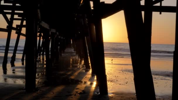 Escénica puesta de sol de color rosa anaranjado con rayos épicos de luz y destello solar muelle de madera en San Clementa California — Vídeo de stock