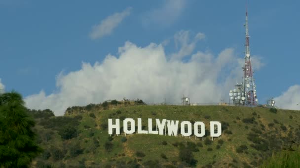 Знаменитый голливудский знак в Лос-Анджелесе, Калифорния через зеленые растения уникальный вид LOS ANGELES США 23.12.2019 — стоковое видео