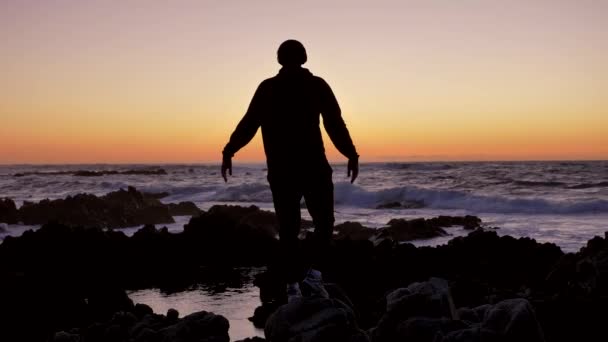 Men slow motion karate kid silhouette tai chi karate kung Fu on the rocky stones horizon at sunset or sunrise. Art of self-defense. Silhouette on a background of dramatic epic waves at pacific coast — Stock Video