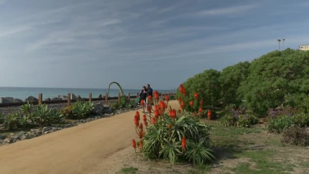 Ευτυχισμένο ζευγάρι Απολαμβάνοντας Όμορφη Ημέρα Περπάτημα κρατώντας τα χέρια στην παραλία. Κοντά στον Ειρηνικό surfliner ράγες Ταξίδια Διακοπές Συνταξιοδότηση Lifestyle Concept Καλιφόρνια Orange County San Clemente — Αρχείο Βίντεο