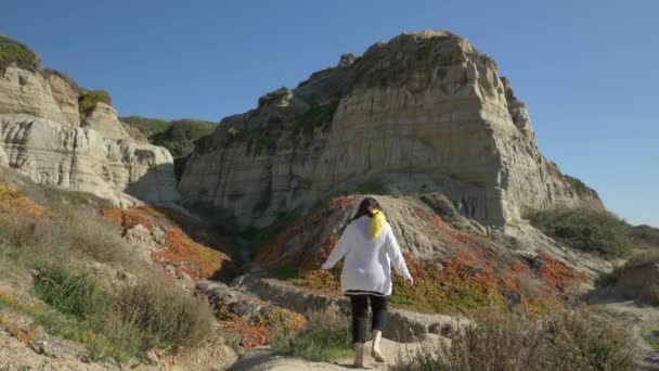 Actieve oudere vrouw wandelen op voetgangerspad dicht bij de oceaan met prachtige landschappen op de zomerdag in california san clemente calafia strand. oranje provincie levensstijl — Stockvideo