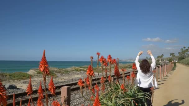 Aktif kıdemli kadın California San Clemente Calafia plajında yaz günü okyanus kenarındaki güzel manzaralı yaya yolunda nefes alıyor. Orange County yaşam tarzı — Stok video