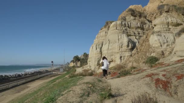 一个活跃的老年妇女走在靠近大海的人行道上，夏天的一天，她在加州圣克莱门特卡拉菲亚海滩美丽的风景中散步。橙县生活方式 — 图库视频影像