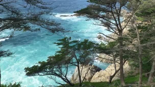 Majestueuses vagues côtières de Big Sur s'écrasant sur les rochers de la falaise à California Highway 1 route panoramique — Video