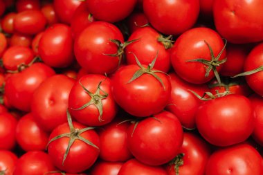 Kırmızı domatesler. Sebzeler üst üste dizilmiş..