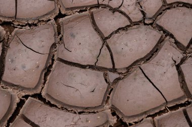 Dünya kuraklık nedeniyle çatladı. Arazi parçaları çatlaklara bölünmüş. Duvar kağıdı için desenli soyut arkaplan.