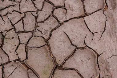 Dünya kuraklık nedeniyle çatladı. Arazi parçaları çatlaklara bölünmüş. Duvar kağıdı için desenli soyut arkaplan.
